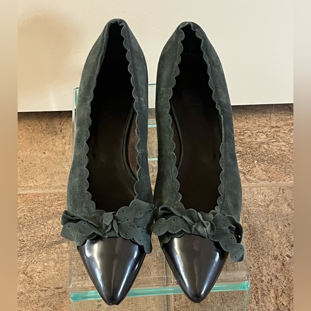 Deep Green Suede Leather Pointed-Toe Low Heel Pumps by Staccato